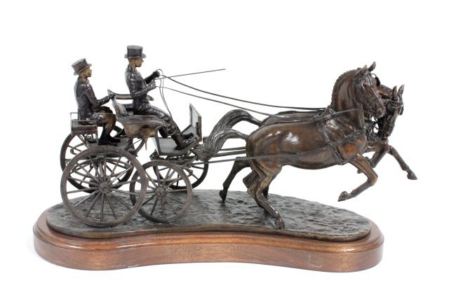 Bronze sculpture "Horse Drawn Coach": On wood base. Approx. 13" H x 22" across x 9" D. From the estate of Duncan Thecker.