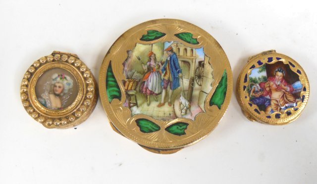 Compact & 2 smaller pill boxes: Italian, enamel & malachite finish compact. 2 small pill boxes, approx. 3" Diam, 1.5" Diam & 1.25" Diam.