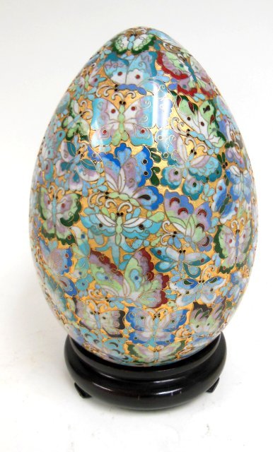 Cloisonne egg on stand: "Butterflies", new. Approx. 15" H on wood stand.