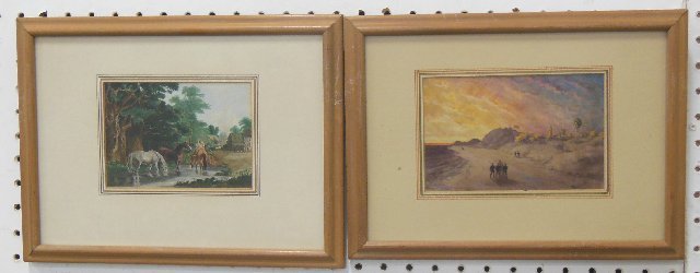W. Waud, 19thc American pair framed watercolors: Depicting "Soldiers Walking the Beach & Horses Drinking". Image approx. 4.25" x 6". Framed approx. 10" x 13". From the estate of Duncan Thecker.