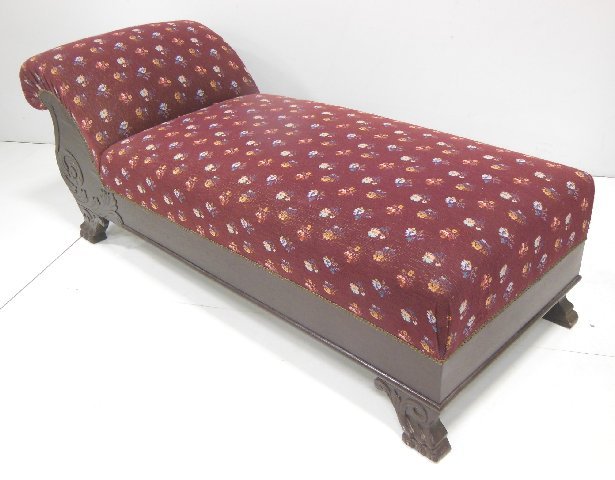 Oak Victorian couch: With applied carving and floral upholstery, paw feet. Approx. 76" L, 28 3/4" W
