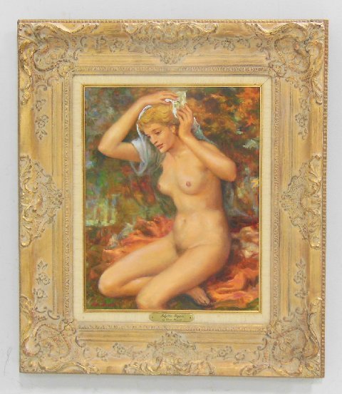 William Dean Fausset oil on board: Depicting "Idyllic Nude Figure". Sold at Green Gritton Galleries in Vermont. William Dean Fausset, American artrist 1913-1998 Image approx. 18.5" x 14". Framed approx. 23.5" x 28". From the estate of 