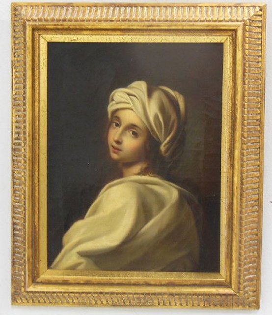 Gilt framed oil on canvas"Portrait Beatrice Cerci": ca. 1800. After portrait artist Guido Reni (1575 - 1642). Image approx. 9" x 12". Framed 12" x 15". From the estate of Duncan Thecker.