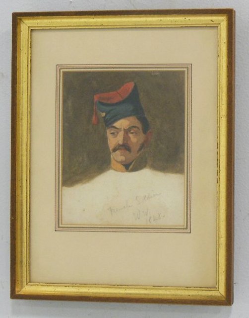William Waud signed & dated framed watercolor: Depicting "French Soldier". Signed "W.W., 1848". Image approx. 7.5" x 6". Framed 13" x 10". From the estate of Duncan Thecker.