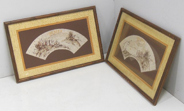2 Framed fan-shaped Chinese watercolors: Framed approx. 17.5" x 27.5". From the estate of Duncan Thecker.