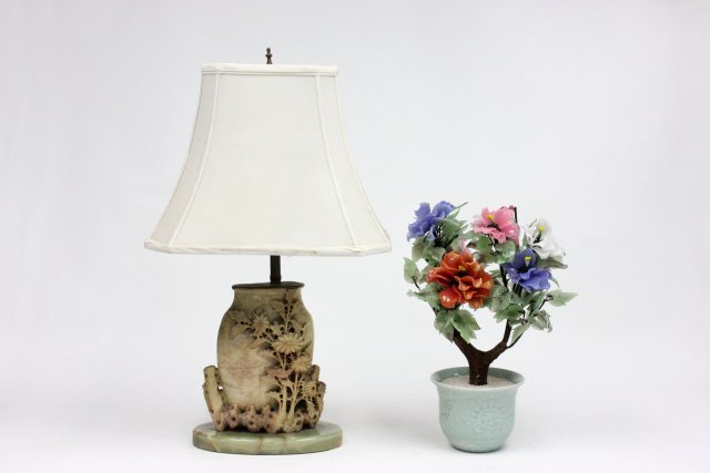 Jade tree in celadon planter & carved vase: Jade tree is approx. 15.25" H. Carved soapstone "Floral" vase mounted as lamp, approx. 7" H.