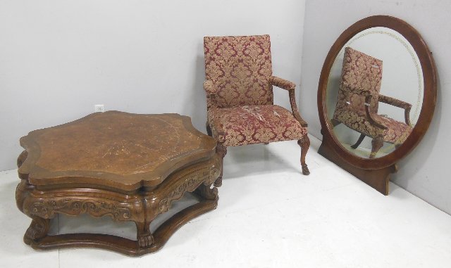 Group lot of furniture & mirror: Including carved frame arm chair, 1960's coffee table and fruitwood mirror. Furniture as is. Chair approx. 39" H x 28" W x 27" D. Table approx. 18" H x 51".