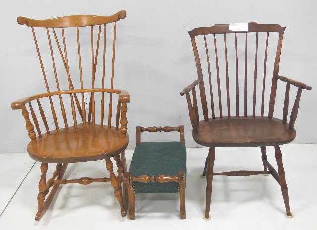 Early American chair, rocker & footstool: Early American chair, rocker & footstool