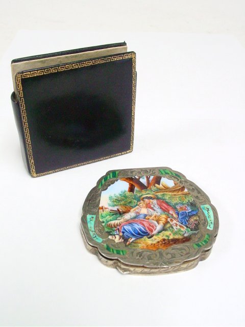 Italian etched 800 silver & enamel compact: Depicting "Couple Resting with Animals on Farmland", in leather case. Approx 3 1/4" x 3 1/8".