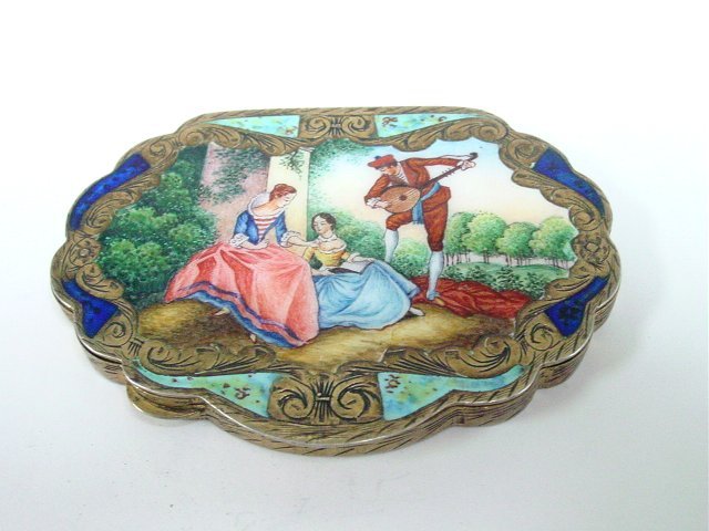 800 silver & enamel compact: Made in Italy, depicting "2 Women being Serenaded by Man with Mandolin in a Garden", Approx. 2.75" x 3.75".