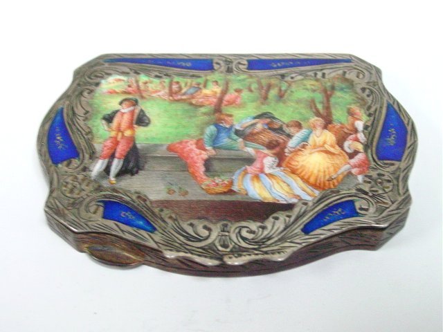 800 silver & enamel compact: Made in Italy, depicting "Picnic". Approx. 2.75" x 3.5".