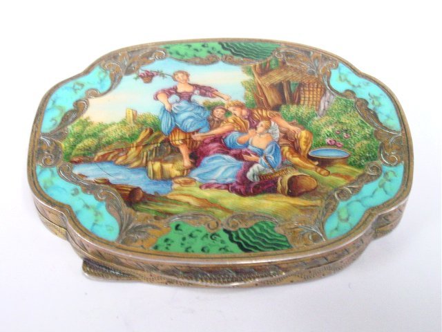 800 silver & enamel Italian compact: Depicting "People Fishing". Approx. 2 3/4" x 3 5/8".