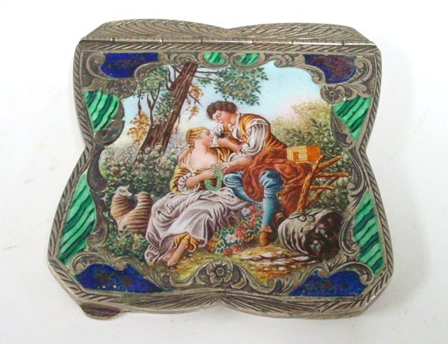 800 silver & enamel Italian compact: Depicting "Courting Scene". Approx. 3.25" x 3.25".