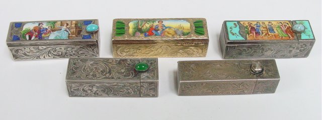 5- 800 silver & enamel lipstick cases: 3 with enamel, 2 all silver.