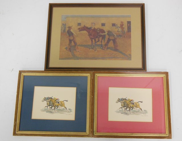 Lot of 3 prints: Including: 2 prints by Paul Brown - horse racing scenes, approx. 7" x 9", 13 1/2" x 15 1/2" w/frames. 1 print - Remington - Indian on horse, approx. 19 x 14 1/2"
