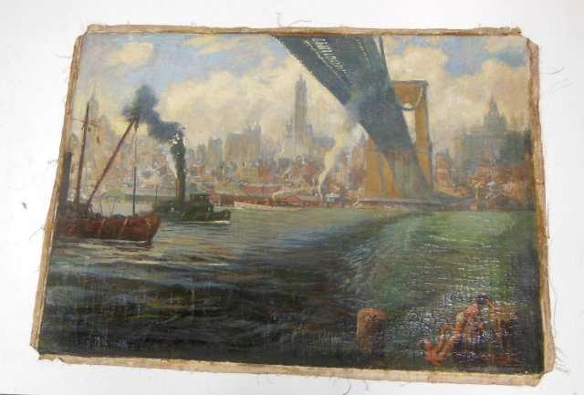 Attilio Pusterla unframed Oil on Canvas: Italian/American, WPA artist. Depicting "View of Brooklyn Bridge New York Harbor". Dated 1915. Signed by artist on lower right. Approx. 43.5" x 32.5".