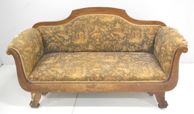 Victorian style inlaid loveseat: Upholstery as is. Approx. 35" h, 60" w, 22" d. Collection from Estate of Chalmers Benedict Wood, Foreign Service Officer & Ambassador to New Zealand