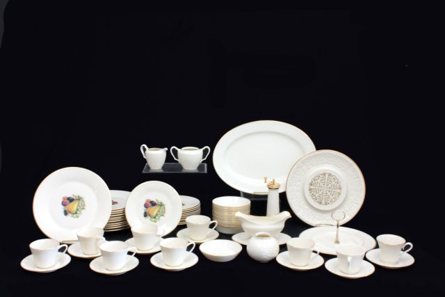 Partial Lenox dinnerware set & vase: Including 12 dinner plates with fruit decor, 11 luncheon plates with fruit decor, mansfield gravyboat, cookie plate with handle, 9 "special" cups, 10 saucers, sugar dish (no lid), creamet, pepper grin