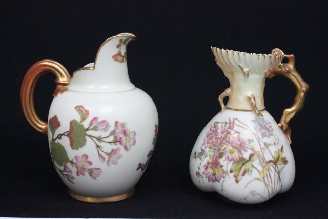 2 Royal worcester pitchers with purple mark: Approx. 5" x 5.25" H. From Brooklyn, NY estate.