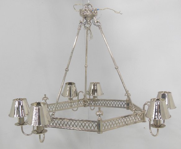 Unusual heavy silvered 6 light chandelier: With tole shades. Approx. 26" H x 35" W.