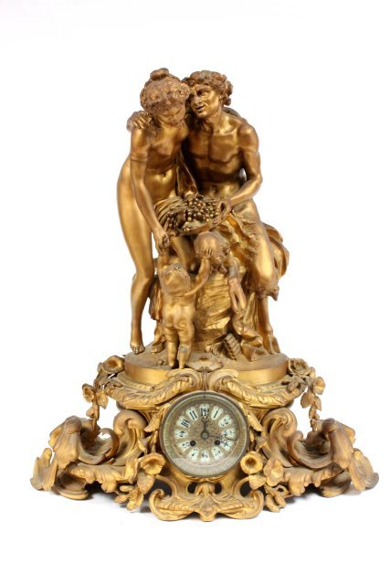 Michel Claude Clodion bronze figural clock: "Satyr, Nude & Child", fabulous casting. Aprox. 27" x 24". (3229.1)