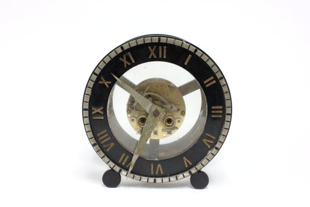 "Lenzkirch" footed desk clock: Totally open works. Approx. 8.25" H x 7.75" W.