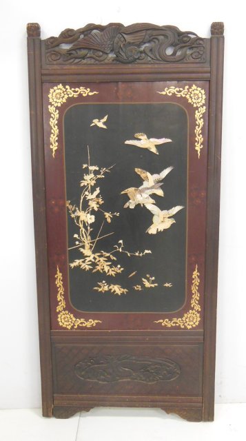 Single panel carved Chinese screen: With carved Phoenix atop. Mother of pearl inlay. Depicting "birds & flowers". Approx. 23" W x 73". From Brooklyn, NY estate.