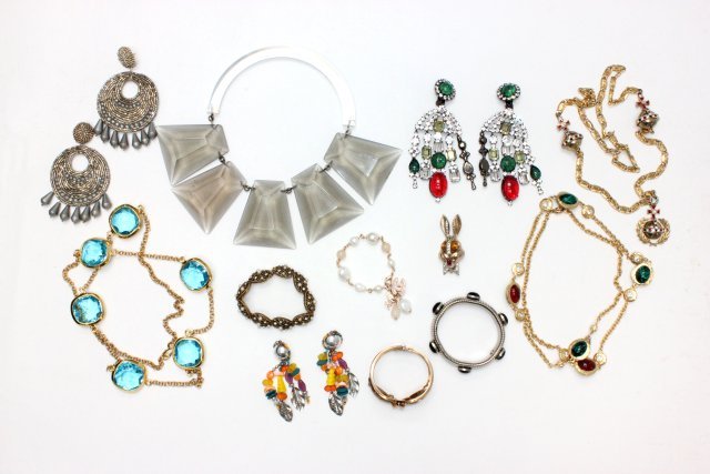 Vintage designer costume jewelry & belt lot: Includes: Coro bracelet, Trifari hinged bracelet, 2 pair Kenneth Lane earrings, Coco Chanel bracelet, Chipita earrings, Kenneth Lane belt, B&W necklace, H lucite necklace, Karu Fifth Avenue pin, B&W s