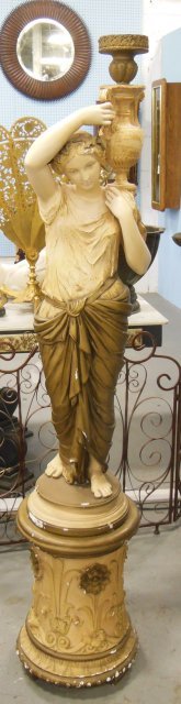 Plaster figural lamp: Mounted on plaster pedestal. Approx. 65" h, 15" w