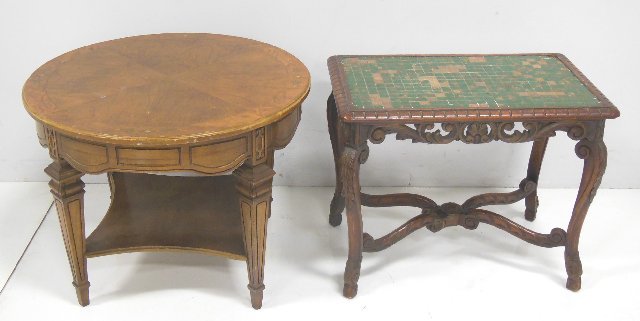 1930's tile top coffee table & round inlaid table: 1930's tile top coffee table & round inlaid table