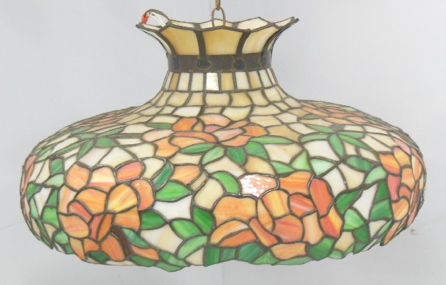 Leaded glass light fixture: Approx. 12" H x 24" diam.