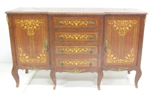 Egyptian bronze mounted inlaid side board: Approx. 36.5" x 19.5" D x 59.5" W. Missing bronze feet.