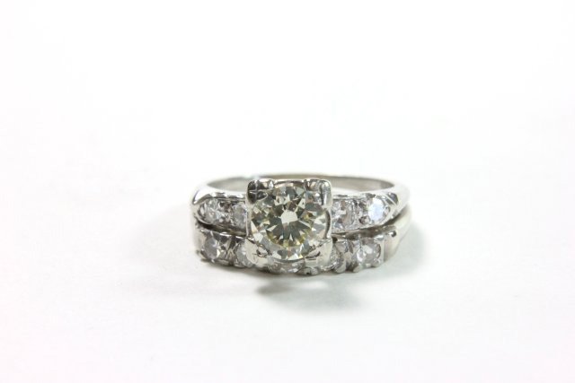 14kt gold white gold diamond wedding ring set: Including engagement ring, soldered together. Approx. 1 ct center stone, 9- 10 pt stone. Approx. total lot 1.90 ct diamonds, 2.1 dwts.