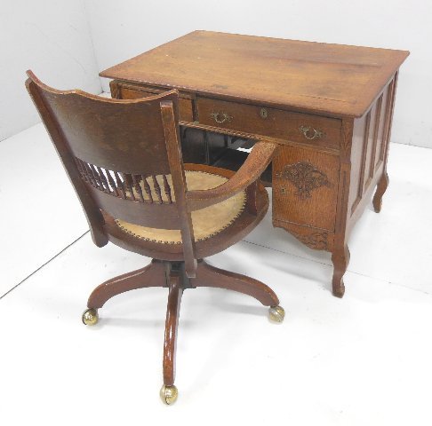 Victorian oak desk and matching chair: Originally a base for a roll top desk.