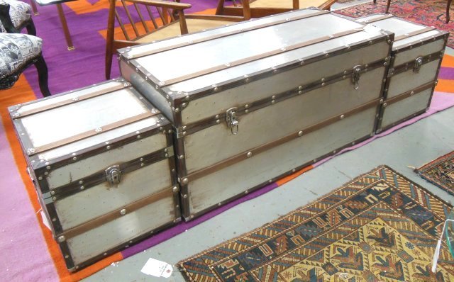 Set of 3 Ralph Lauren style trunks: 1 large approx. 39.5" x 19" x 29"; 2 small approx. 16" x 16" x 17".