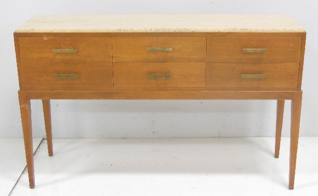 Mid century modern bleached wood server: Travertine top with brass hardware, some hardware bent. Approx. 54.5" W x 16.5" D x 34" H.