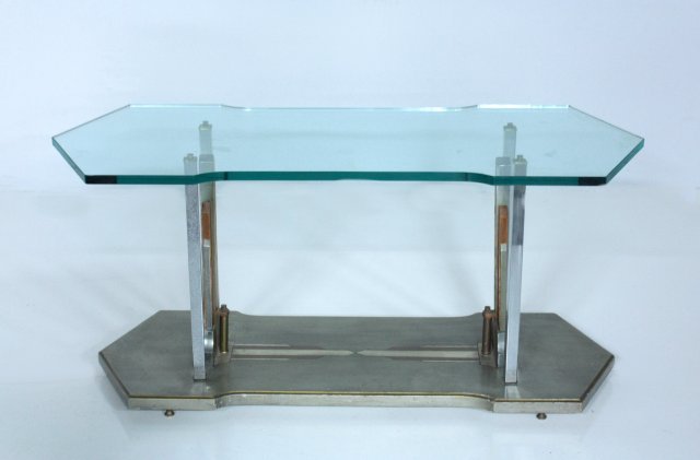 Glass top Art Deco coffee table: Chrome columns and wood paint decorated base. Approx. 48" long, 20" wide, 21 1/2" h.