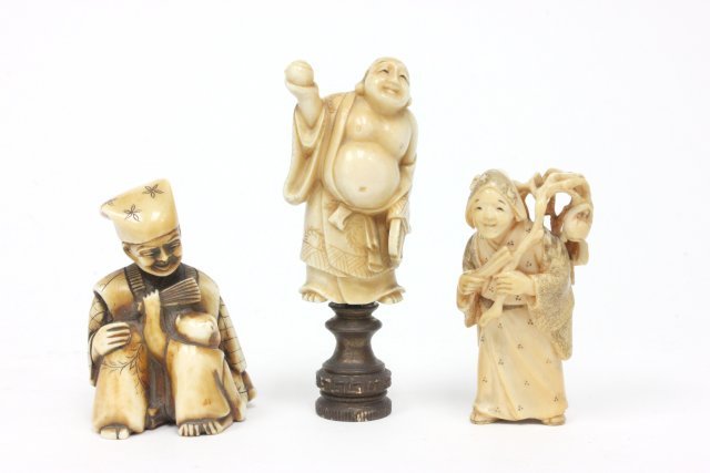 3 Netsukes: Including man with child, woman, & happy buddah on stand. From Brooklyn, NY estate.