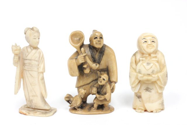 3 Netsukes: 1- Woman with flower, 1- Woman with sack, & 1- Man with child & rooster. From Brooklyn, NY estate.