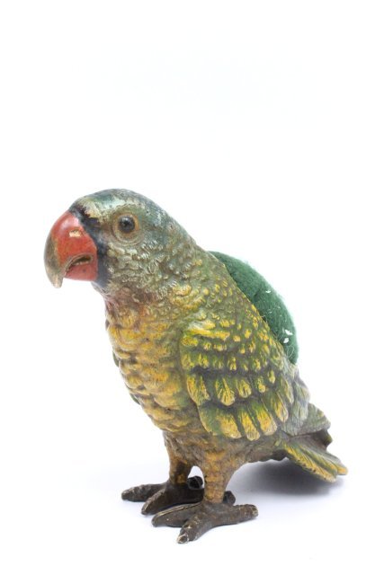 Cold patinated Vienna bronze parrot pin cushion: Marked Bergman. 4" x 5"
