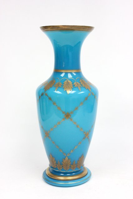 Mid century blue opaline vase: Approx. 20" H x 8" W.