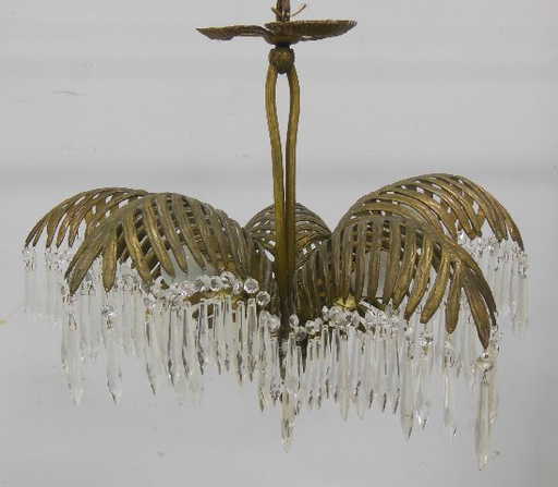 Vintage Palm Leaf Bronze Crystal Chandelier