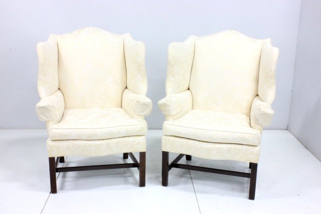 Pair white silk Queen Ann wing chairs: "Bird" motif, excellent condition, spring down cushions, mahogany column fluted legs.