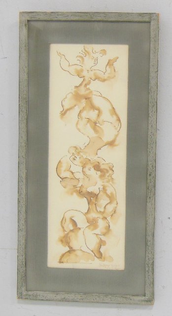 Chaim Gross signed ink and wash `3 Acrobats": Signed & dated 1952 lower right. Image approx. 21" H x 7", 27" x 13" with frame.