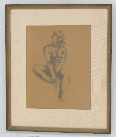 Chaim Gross signed drawing: "Nude with 1 Leg Bent", framed, signed lower right "To Eve with Friendship", dated 1948. Image approx. 17" x 13", 26.5" x 22" with frame.