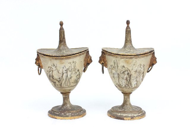 Pair tole paint decorated covered urns: From the estate of Chris Peckham. Approx. 11" H. Some wear.