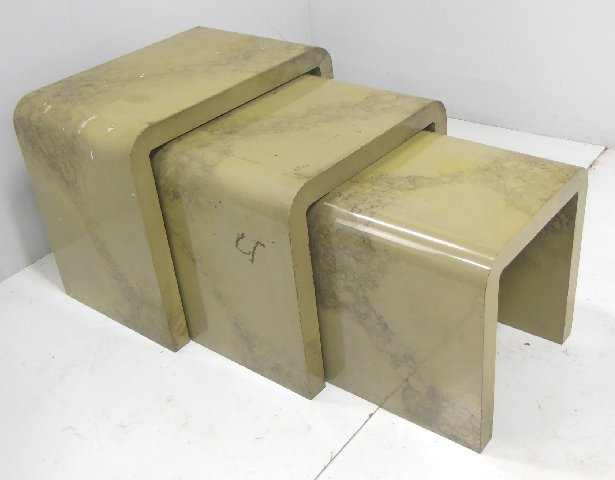 Modern micca nest of tables: Approx. 23.5" x 18" D x 28" across.