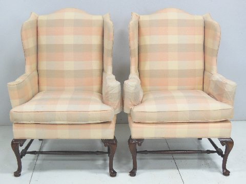 Pair Queen Ann style chairs: With stretcher base by the Harbor Chair Co.