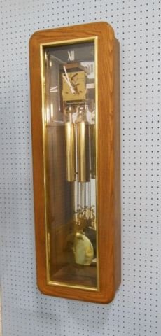 Kieninger Chiming Bim Bam wall clock movement: In oak frame. With brass lyre pendulum. 03R80cm. 2 weight. Modern. Approx. 44" H x 15" W x 8" D.