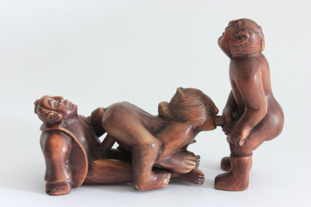 Carved wooden erotic netsuke: Approx. 2.5" x 3.5".